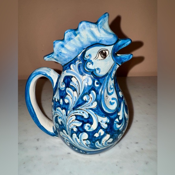 Caltagirone Traditional Ceramic Rooster Jug in Blue and White Scrolled Design - Picture 4 of 10